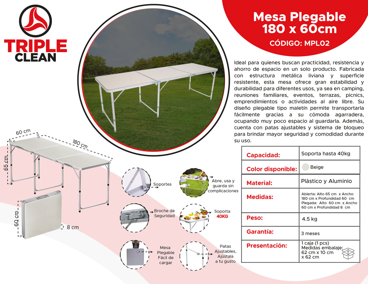 Mesa Plegable Portatil 180 X 60 Cm