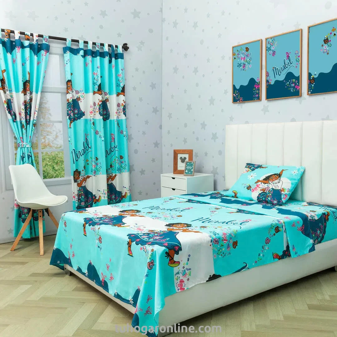 Juego De Sabana Con Cortinas Cama Senc.